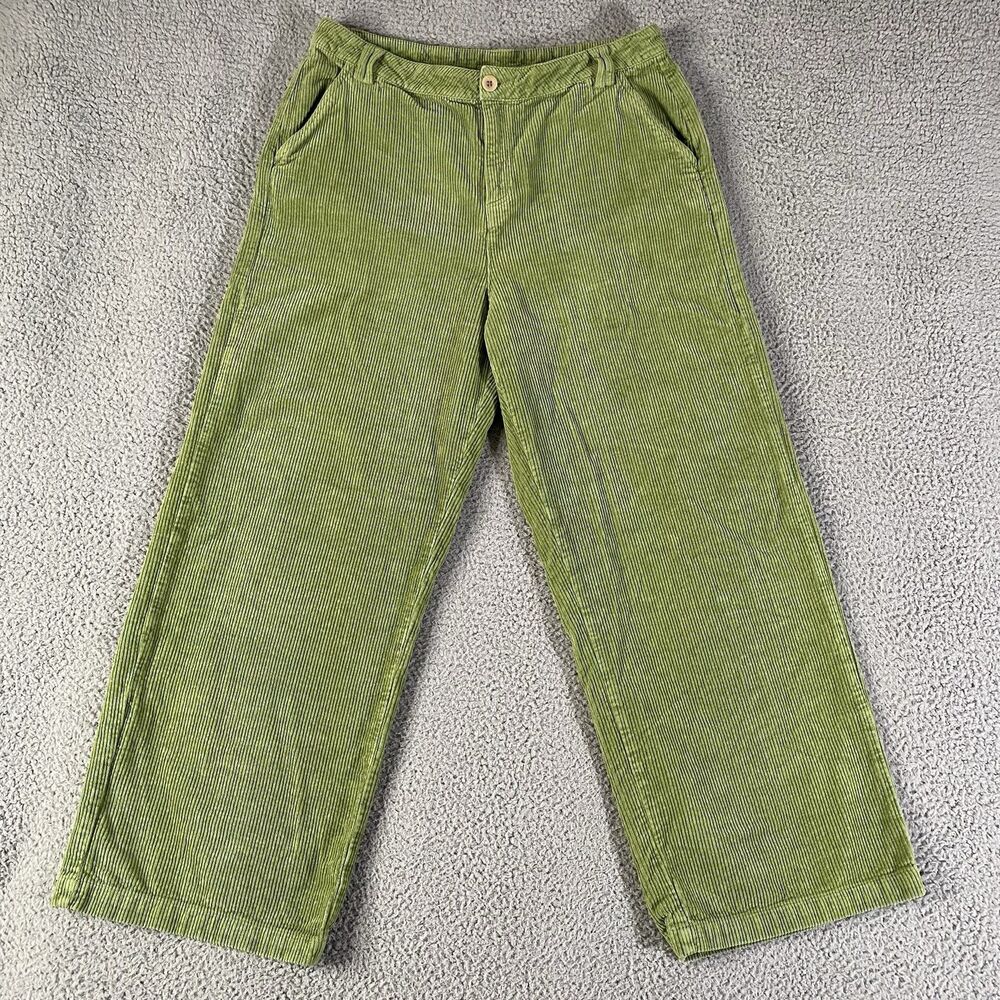 Wrap London Corduroy Pants Women 12 (34x28) Green Linen Blend Trousers Wide High
